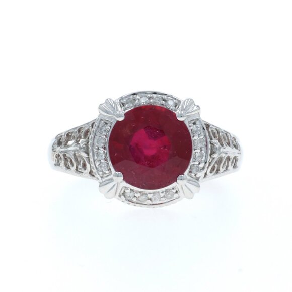 White Gold Ruby Diamond Halo Ring - 10k Round 4.62ctw - Picture 1 of 7